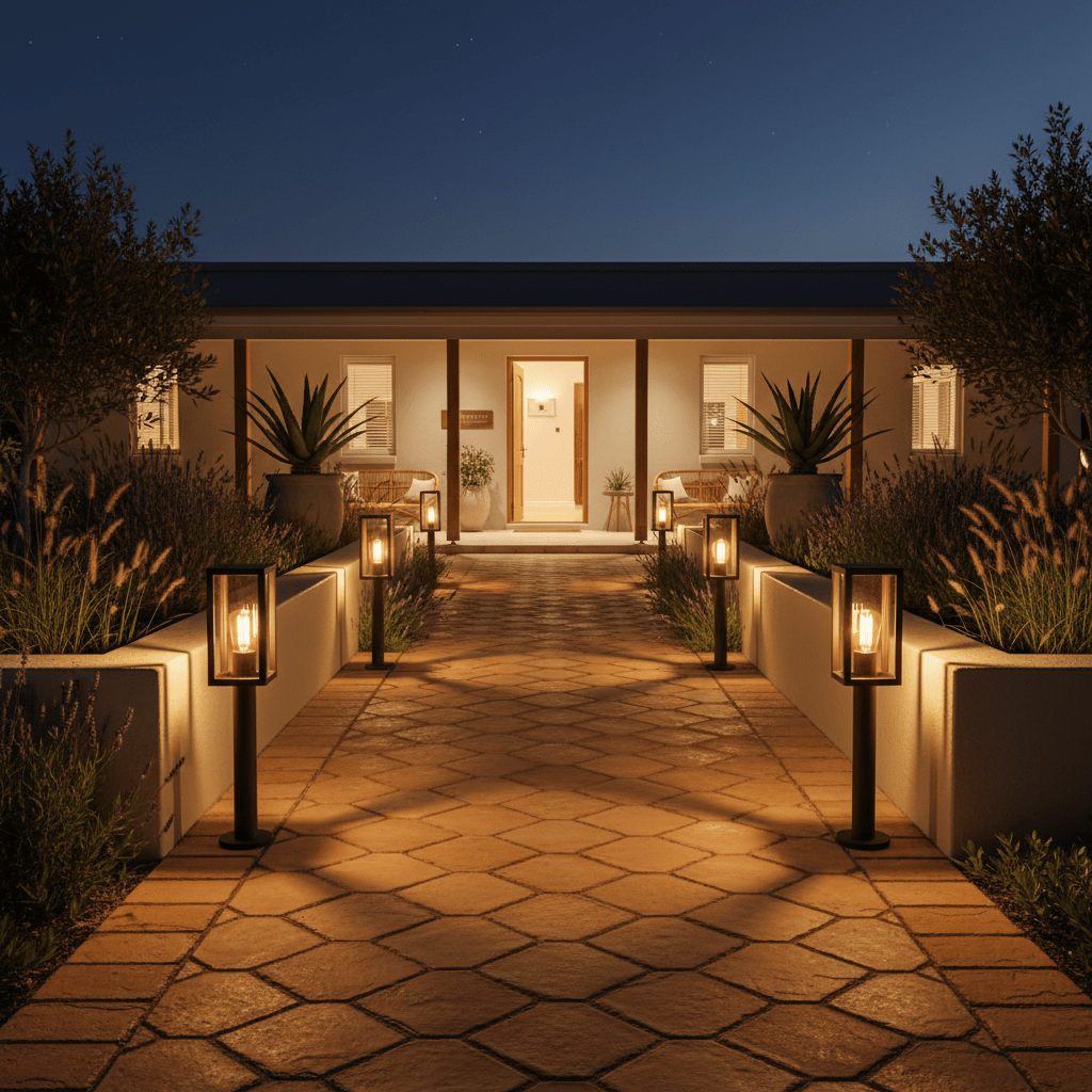 Rectangular outdoor bollard lights illuminate a pathway leading to a modern entrance at night.