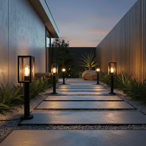 Rectangular outdoor bollard lights illuminating a modern pathway with stone slabs and greenery.