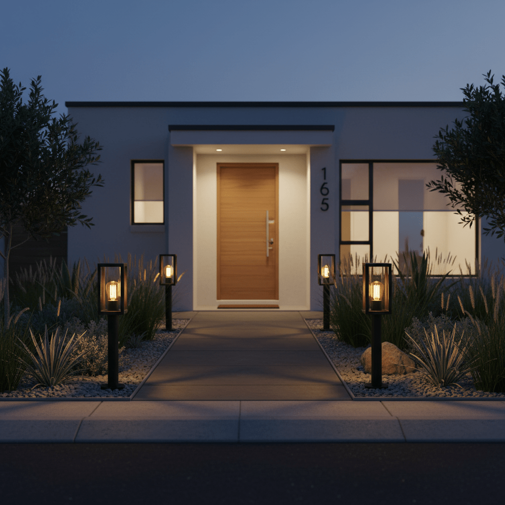 Rectangular outdoor bollard lights illuminate a modern pathway leading to a stylish entrance.