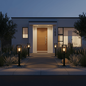 Rectangular outdoor bollard lights illuminate a modern pathway leading to a stylish entrance.