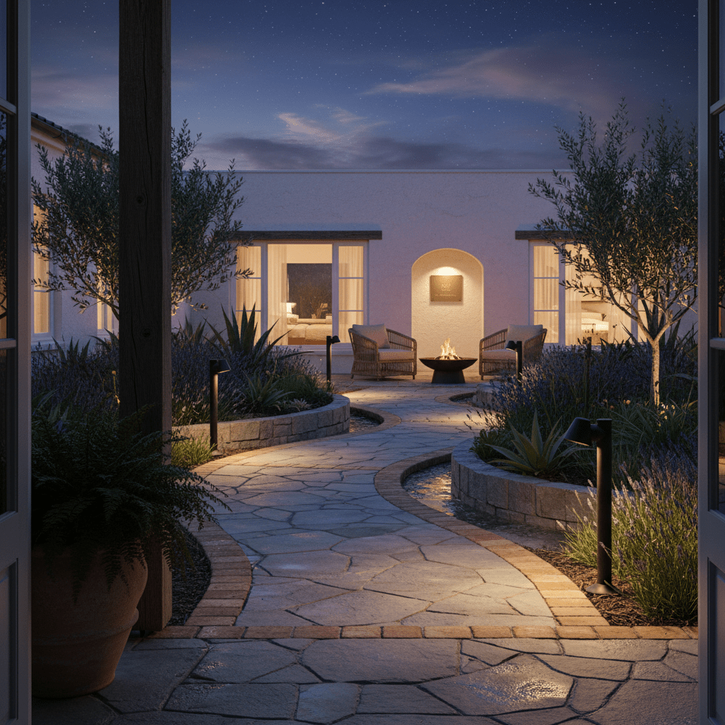 Coastal bollard light illuminating a stone pathway in a garden at dusk, surrounded by plants and seating.