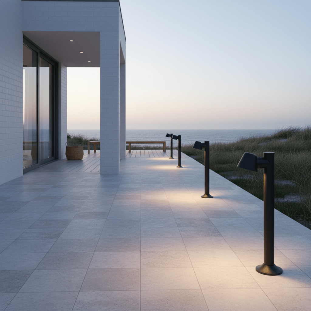 Coastal bollard lights illuminating a patio area with a view of the ocean at dusk.