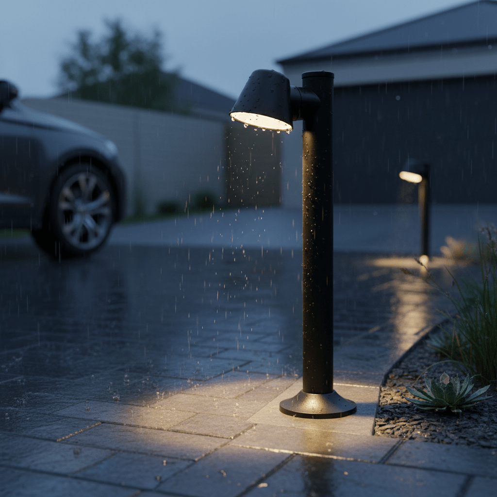 Coastal bollard light illuminating a wet pathway, rain falling, with a car in the background.