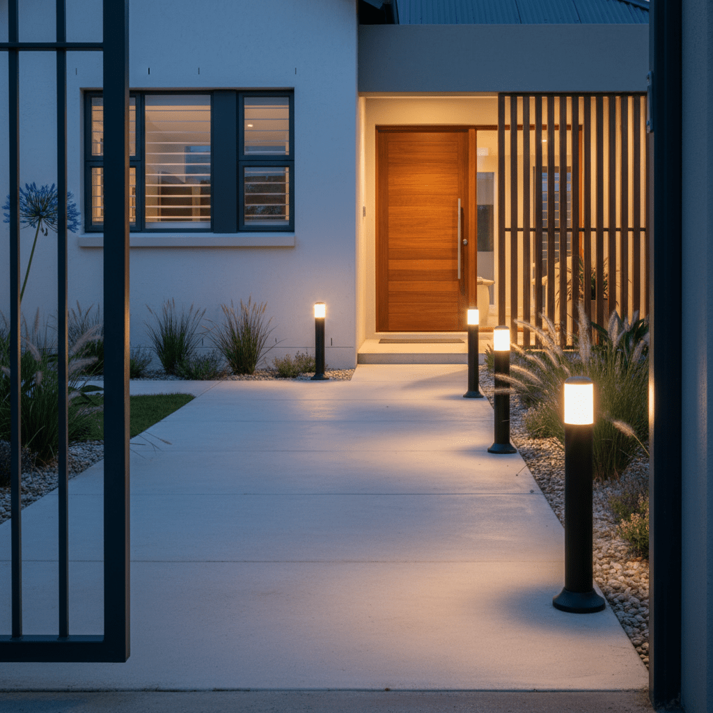 A pathway leading to a wooden door, flanked by five black bollard lights with white tops, surrounded by grass and pebbles.