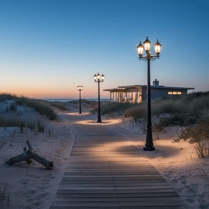 Three light post lamps illuminate a sandy pathway leading to a coastal home at dusk.
