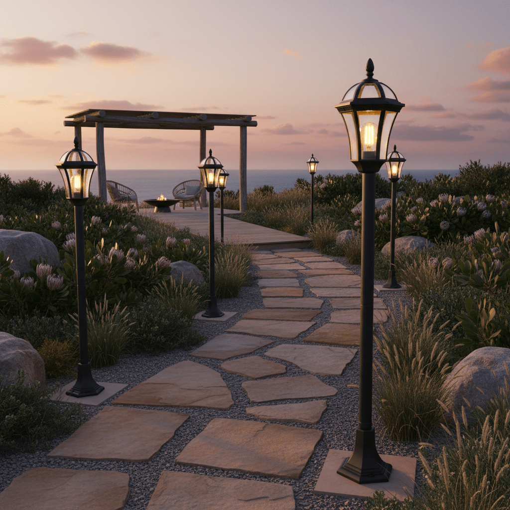 Eclipse Bollard Lights illuminating a stone pathway in a coastal garden setting at sunset.