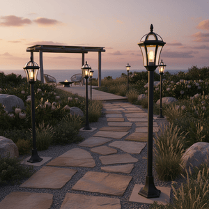 Eclipse Bollard Lights illuminating a stone pathway in a coastal garden setting at sunset.