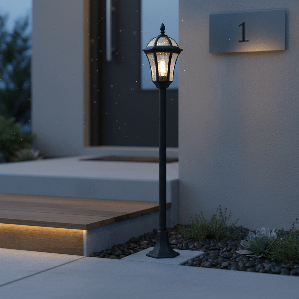 Eclipse Bollard Light illuminating a pathway near a modern entrance, surrounded by pebbles and plants.