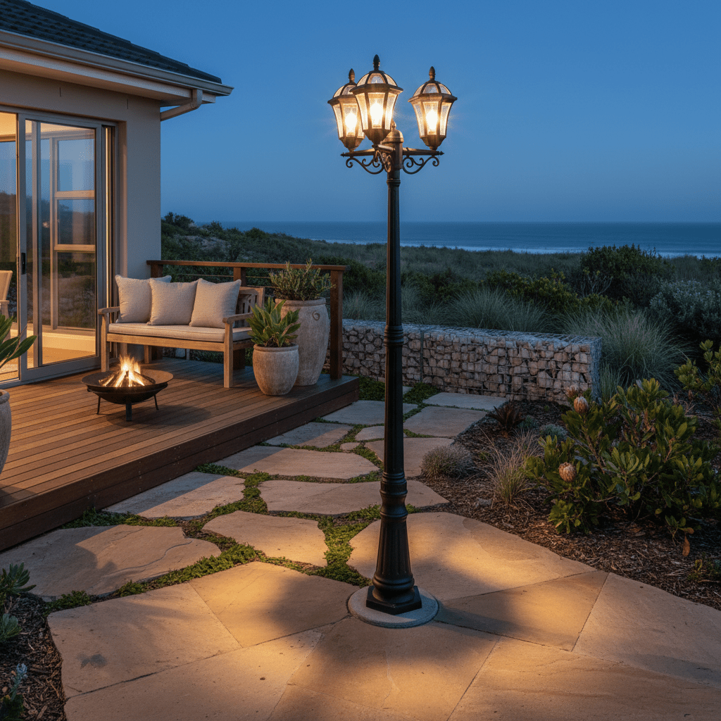 Eclipse 3 Light Poly Post Lamp illuminating a stone pathway near a coastal home at dusk.