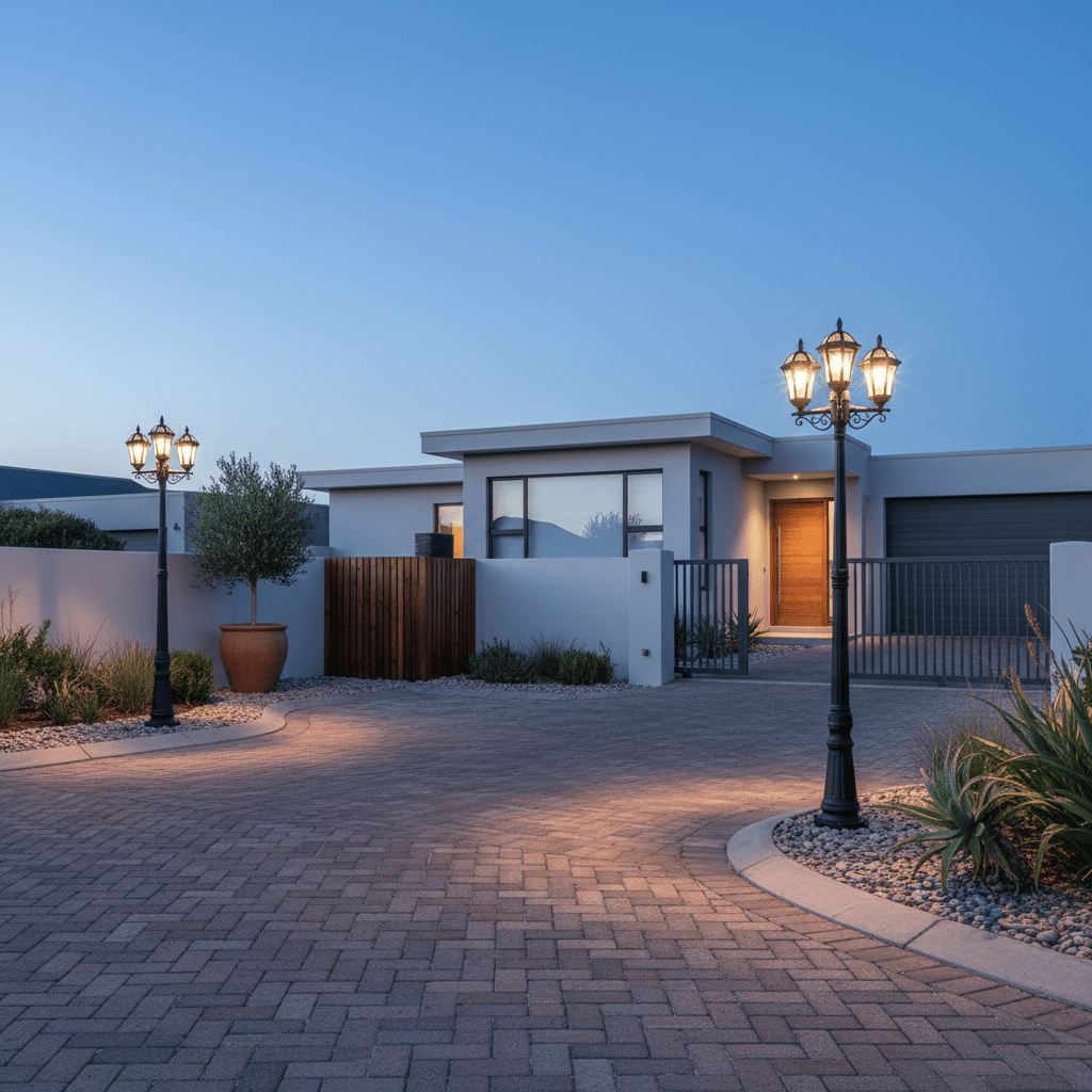 Eclipse 3 Light Poly Post Lamp illuminating a modern driveway at dusk, enhancing outdoor ambiance.