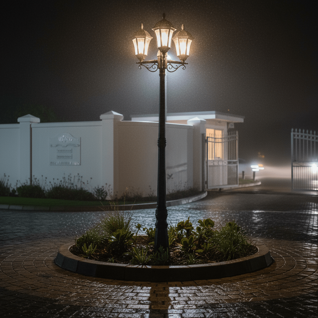 Eclipse 3 Light Poly Post Lamp illuminating a circular garden area at night, surrounded by wet pavement and plants.