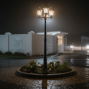 Eclipse 3 Light Poly Post Lamp illuminating a circular garden area at night, surrounded by wet pavement and plants.