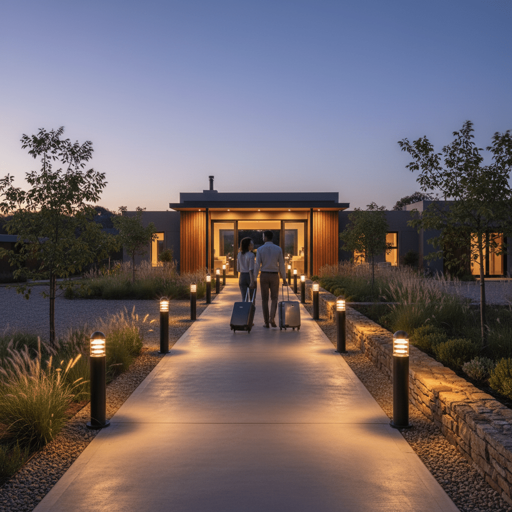 Couple walking down a lit pathway lined with Montague 600 bollard lights, leading to a modern entrance.
