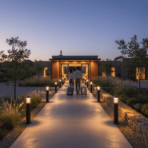 Couple walking down a lit pathway lined with Montague 600 bollard lights, leading to a modern entrance.