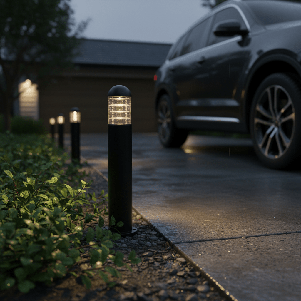 Montague 600 Bollard Light illuminating a driveway, surrounded by greenery, with a car parked nearby.