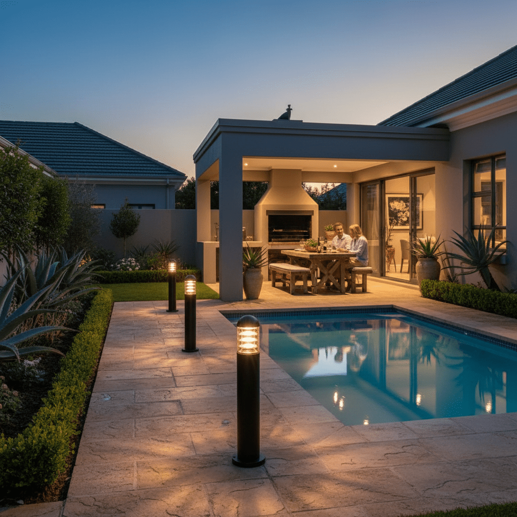 Montague 600 Bollard Light illuminating a garden path near a pool and outdoor dining area at dusk.