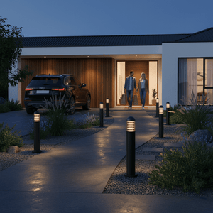 A couple walks along a lit pathway lined with Montague 600 Bollard Lights, enhancing outdoor ambiance.