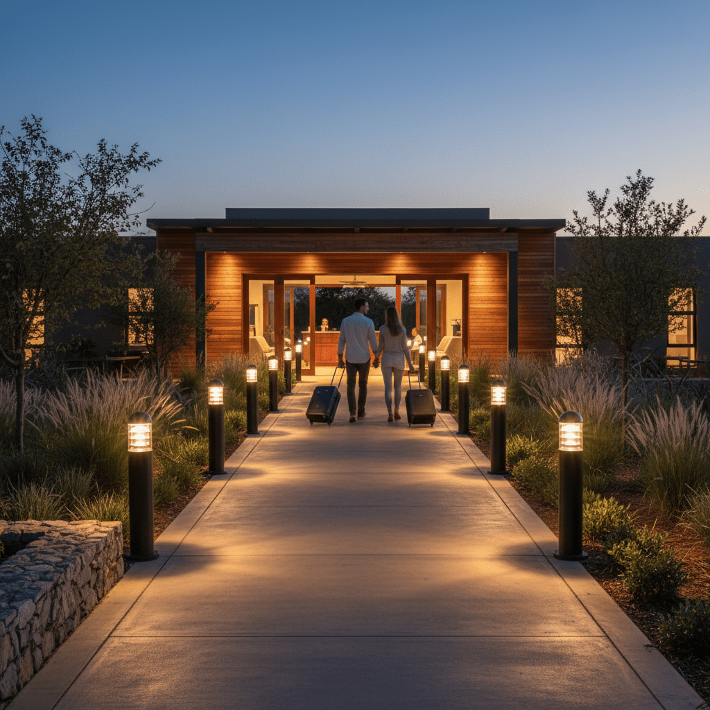 Couple walking along a well-lit pathway lined with Montague 600 Bollard Lights, leading to a modern entrance.