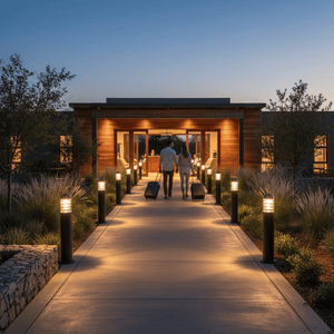 Couple walking along a well-lit pathway lined with Montague 600 Bollard Lights, leading to a modern entrance.