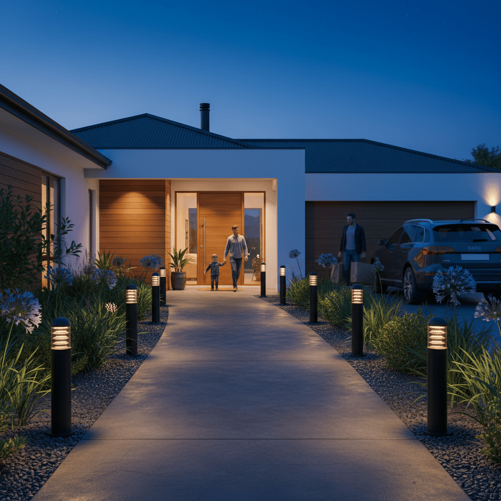 A pathway illuminated by Montague 600 bollard lights, guiding a family to their home at dusk.