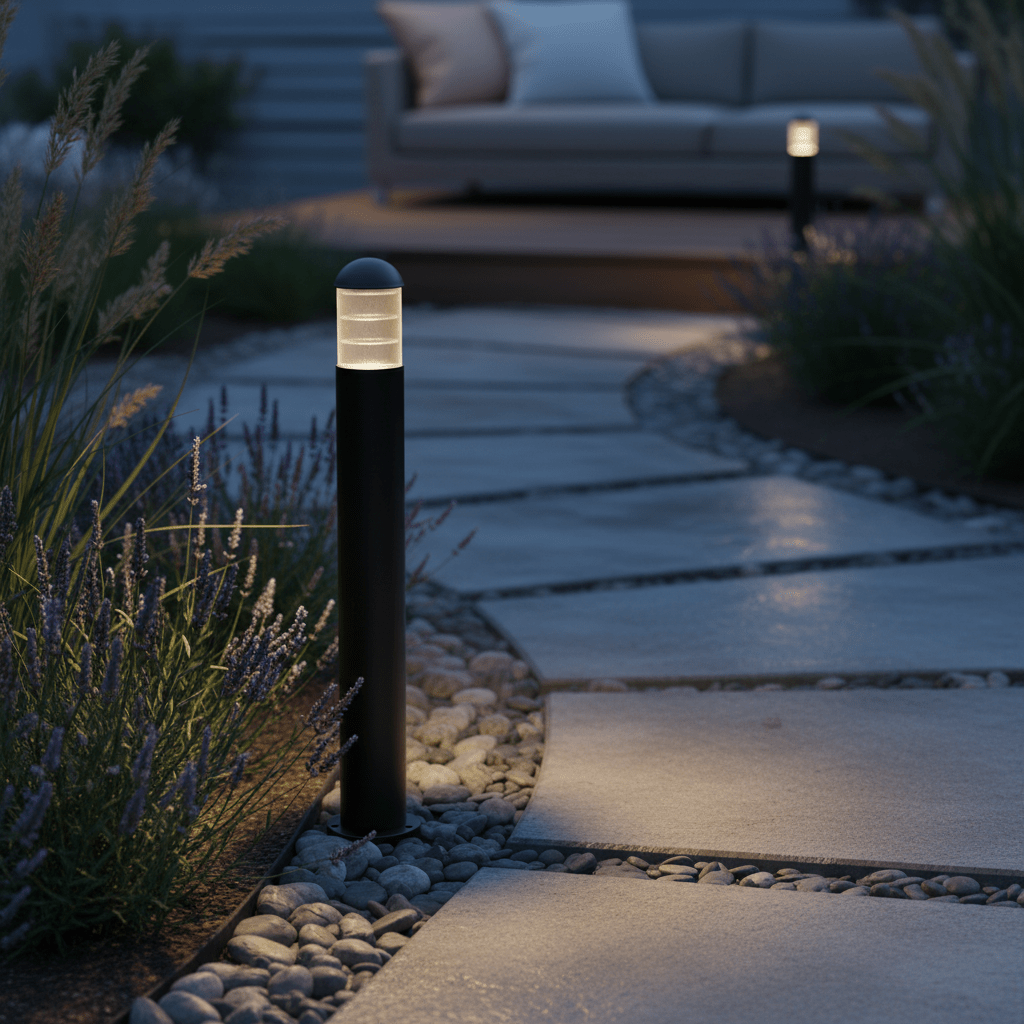 Montague 1100 Bollard Light illuminating a stone pathway surrounded by lavender plants.