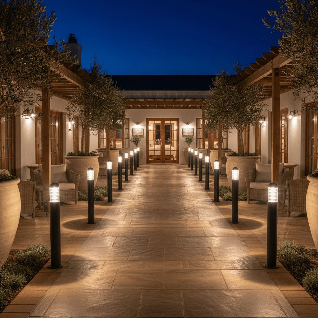 A pathway lined with Montague 1100 bollard lights, illuminating a modern outdoor space at night.