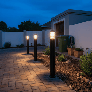 Garden pathway with illuminated bollard lights at night.