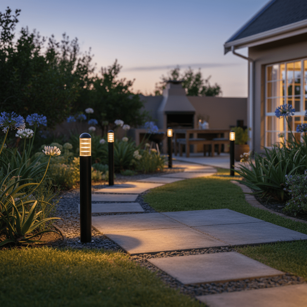 Montague 1100 Bollard Light illuminating a garden pathway with flowers and a patio in the background.