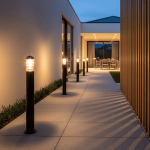 Montague 1100 Bollard Light illuminating a modern pathway, enhancing outdoor aesthetics and safety.