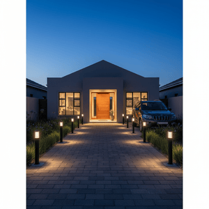Montague 1100 Bollard Lights illuminating a pathway leading to a modern home entrance at dusk.