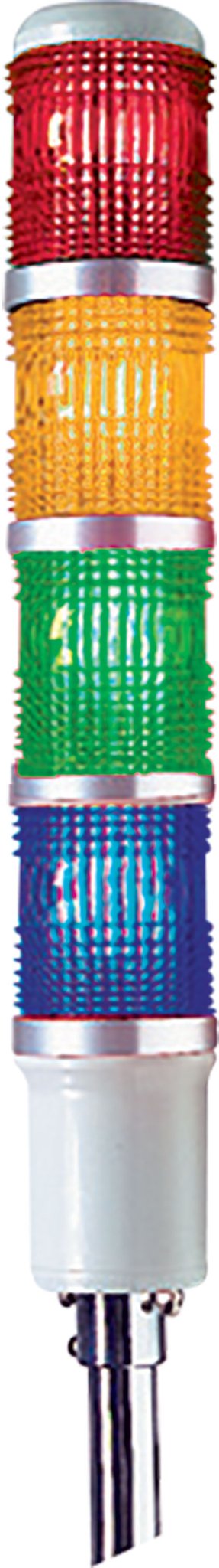 Stack of red, yellow, and green and blue warning lights on a white background