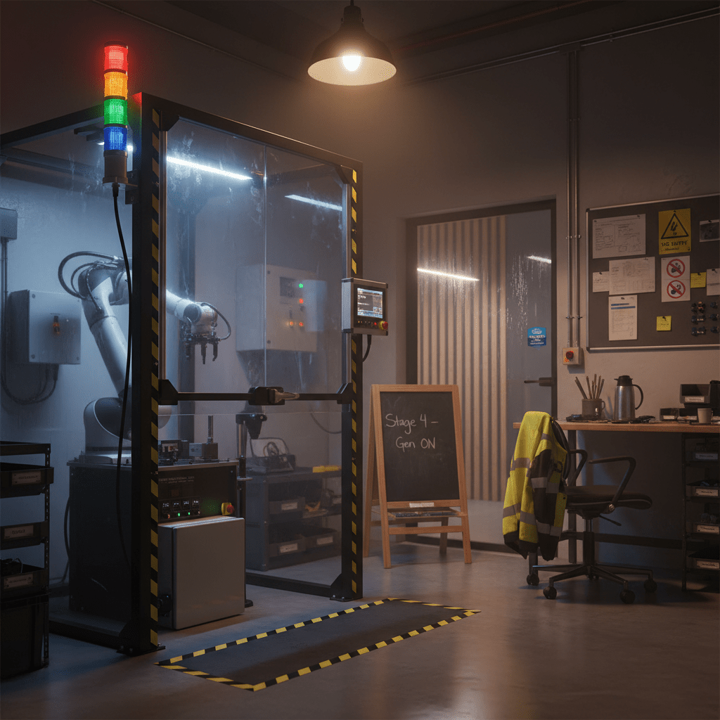 Control room with a robot arm and safety lights in a dimly lit office.