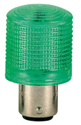 Green LED bulb with BA15D base, featuring a textured glass design, ideal for accent lighting.