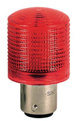 Compact 2W BA15D LED bulb with a red glass cover, showcasing its round shape and metal base.