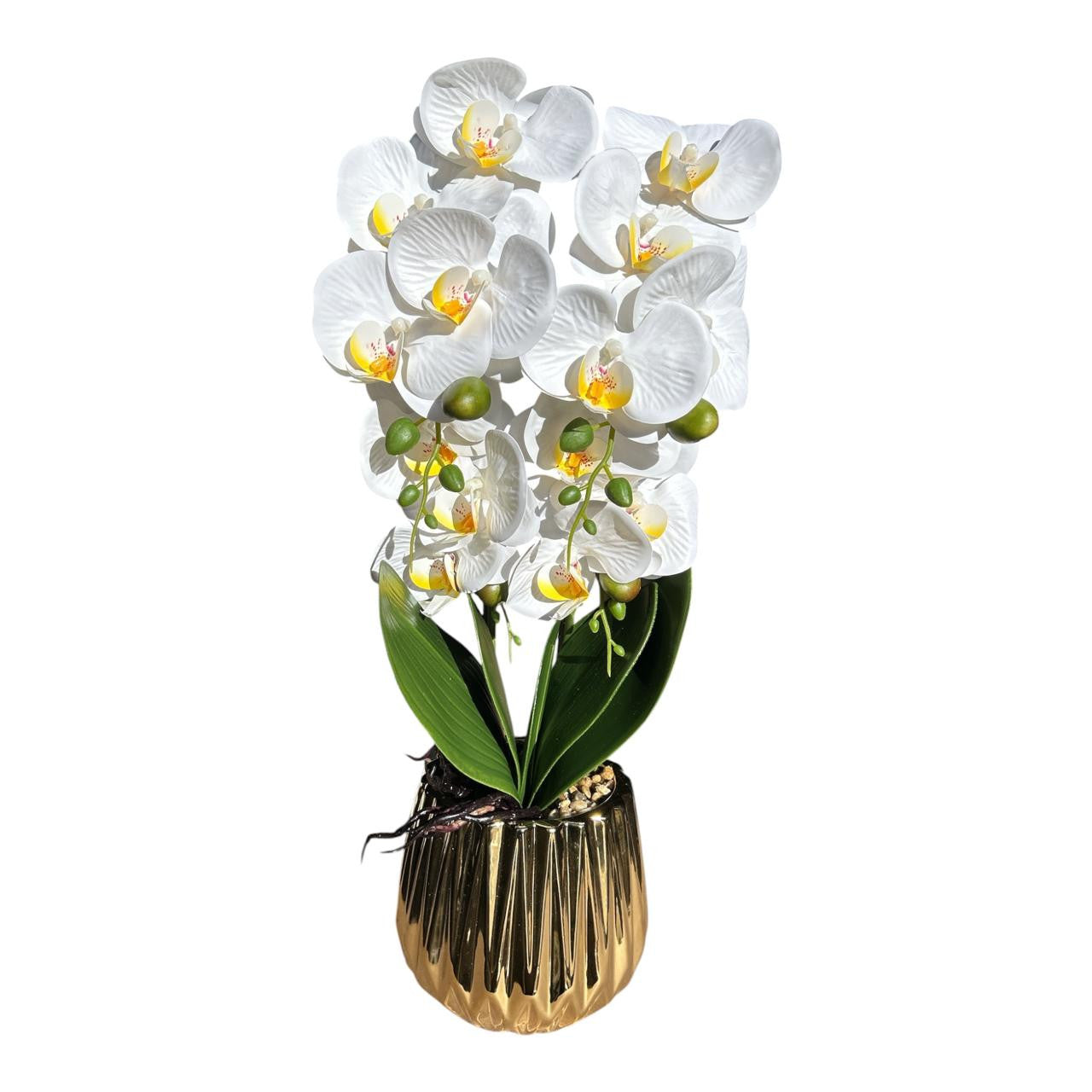 Artificial white Phalaenopsis orchid arrangement in metallic gold pot