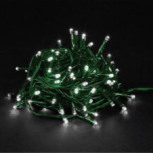 50m LED fairy lights with green cable and cool white bulbs, coiled on a dark surface.