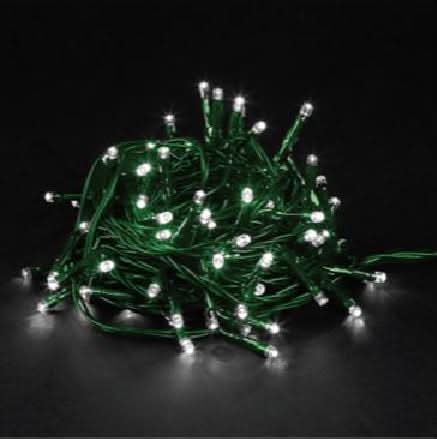50m LED fairy lights with green cable and cool white bulbs, coiled on a dark surface.