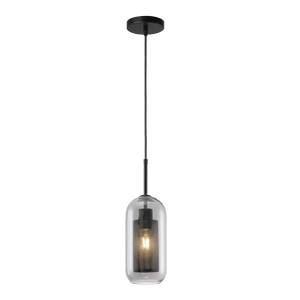 Black ceiling-mounted cylinder glass pendant with smoke glass shade and black mesh interior, illuminated