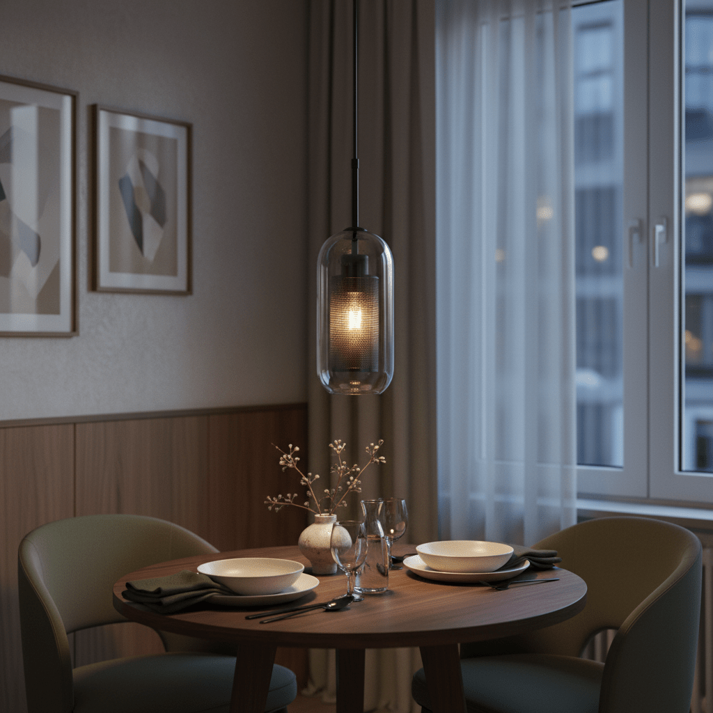 Cylindrical glass pendant with black mesh hangs over a round wooden dining table set with plates and a vase.