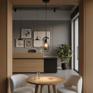 Round wooden table with two chairs, a lit smoke‑glass cylinder pendant hanging above, seen through a doorway.