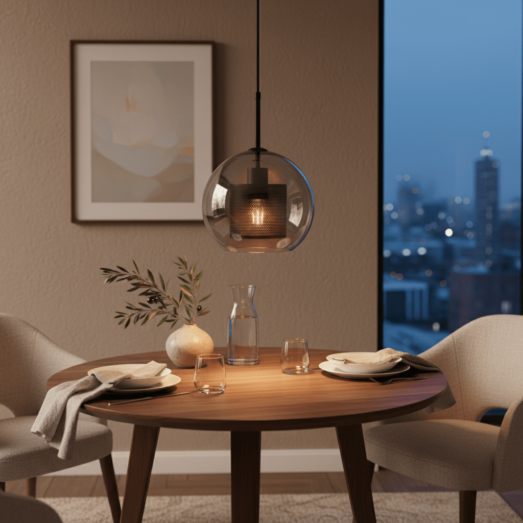 Smoke glass ball pendant with black mesh hanging over a wooden dining table