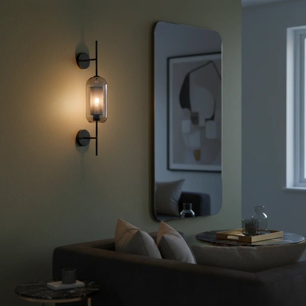 New York Cylinder Wall Light - Smoke Glass & Black Mesh