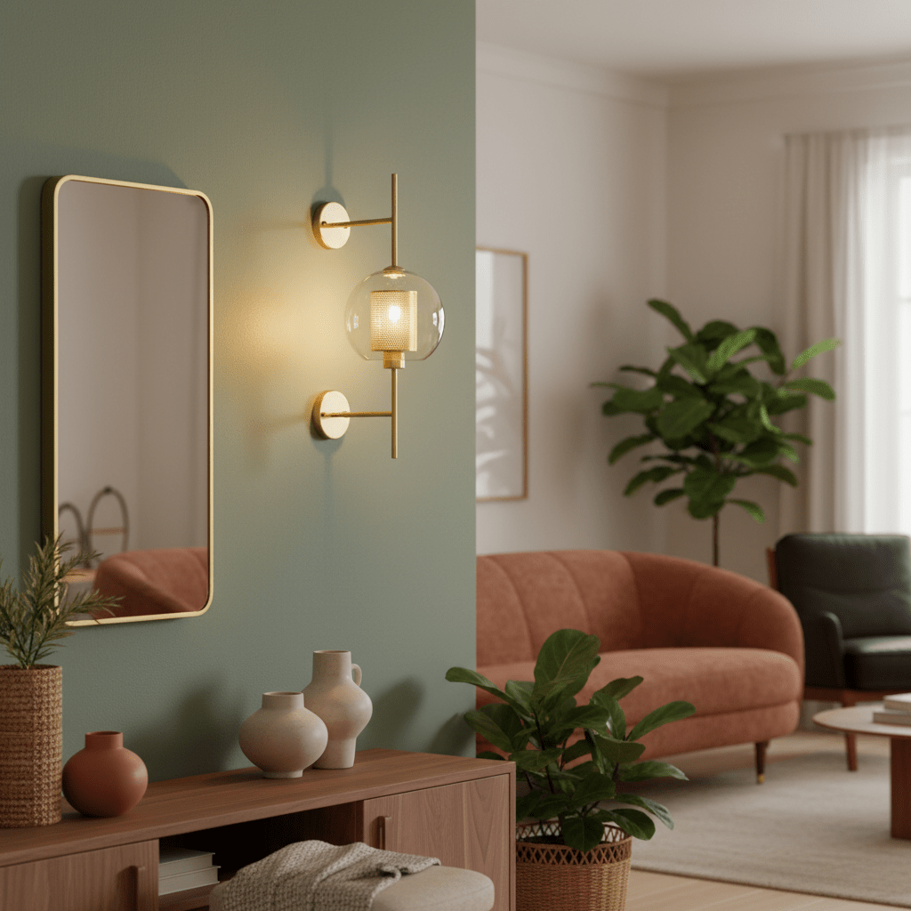 Gold New York Ball Wall Light mounted beside a mirror, illuminating a stylish living room with plants and a cozy sofa.