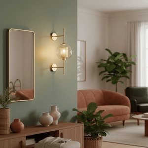 Gold New York Ball Wall Light mounted beside a mirror, illuminating a stylish living room with plants and a cozy sofa.