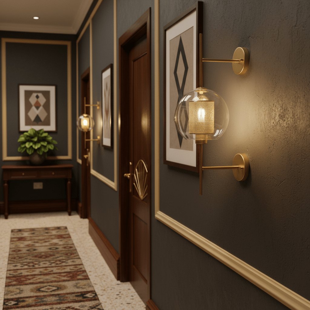 Elegant hallway featuring the Gold New York Ball Wall Light beside framed artwork and a console table.