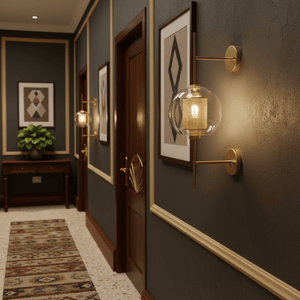 Elegant hallway featuring the Gold New York Ball Wall Light beside framed artwork and a console table.