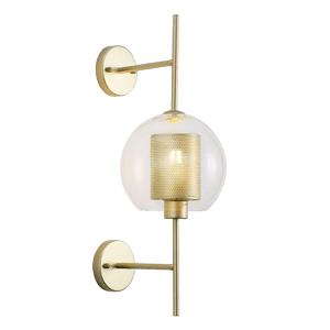 Clear glass wall light with satin gold mesh accents, featuring a round shape and mounted on a gold wall plate.
