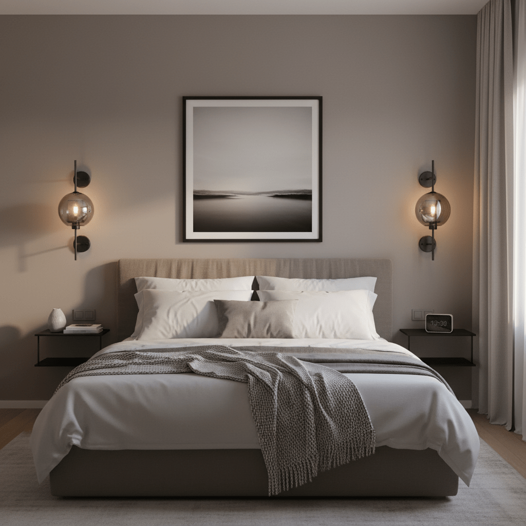 Stylish bedroom featuring the Black New York Ball Wall Light beside a bed, enhancing the modern decor.