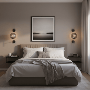 Stylish bedroom featuring the Black New York Ball Wall Light beside a bed, enhancing the modern decor.