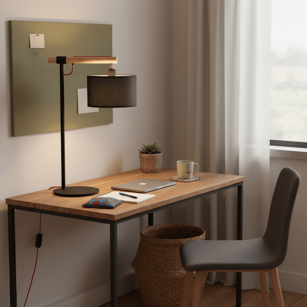 Modern black table lamp on a wooden desk with a laptop, mug, and plant, creating a stylish workspace.